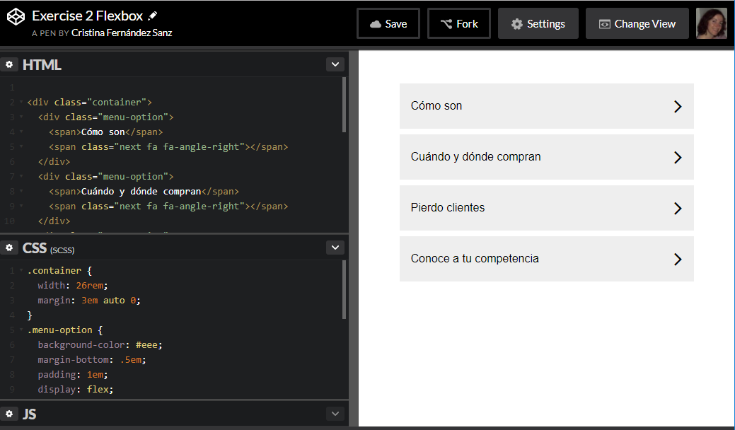Ejemplo Codepen con HTML, CSS y resultado
