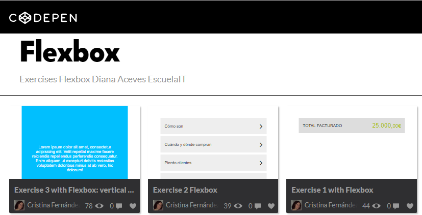 Colección codepen Flexbox mostrando lo que se ve en el navegador