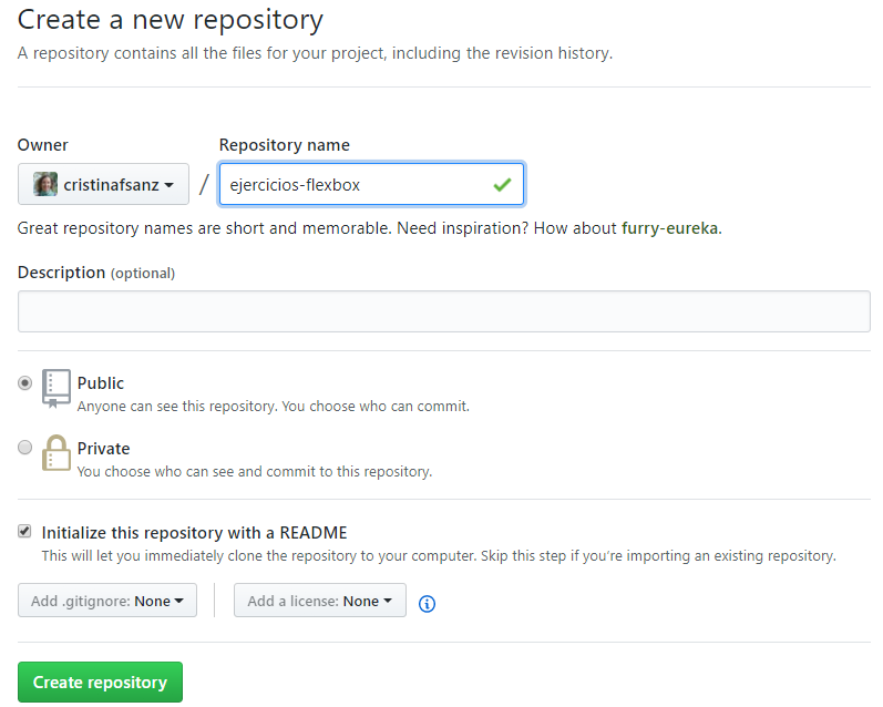 Crear un repositorio añadiendo nombre y un README.