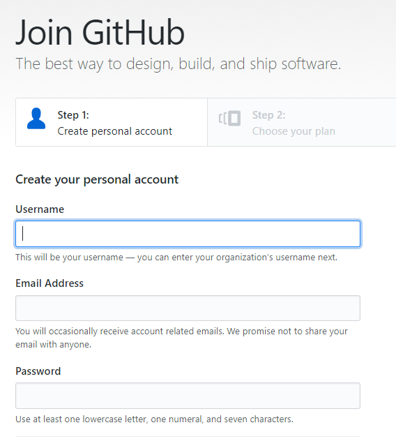 Crear cuenta GitHub con usuario, email y contraseña.