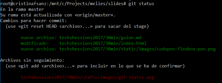 Ejecución git status con ficheros en directorio de trabajo y ficheros preparados en Index.