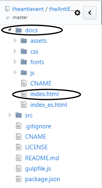Código GitHub en forma de árbol señalando el index en master dentro de carpeta docs
